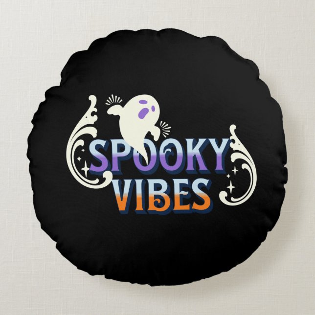 Almofada Redonda Halloween Ghost Spooky Vibes Typografia Lettering (Frente)