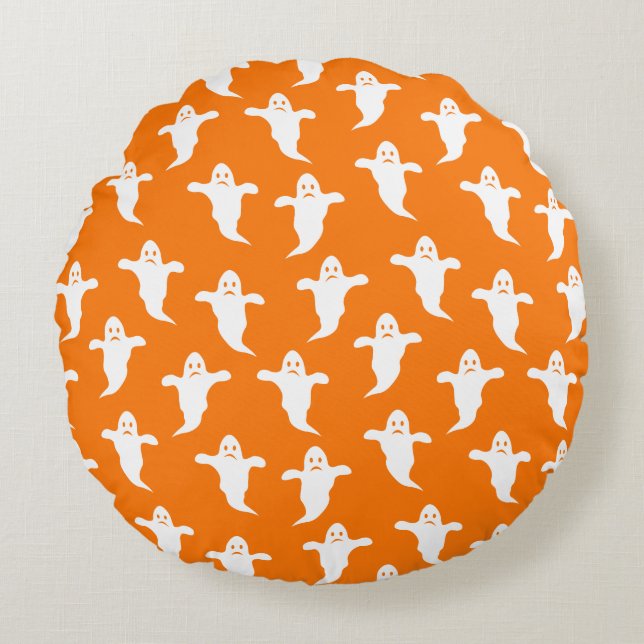 Almofada Redonda Halloween moderno, simples, laranja e fantasmas br (Frente)