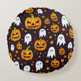 Almofada Redonda Halloween: Sorrisos assustadores e amigos da abóbo