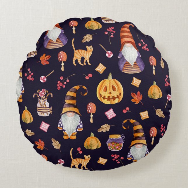 Almofada Redonda Halloween Whimsical: Gnomos & Pumpkins (Frente)