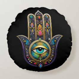 Almofada Redonda Hamsa Preto Colorido com Terceiro Olho Turquesa
