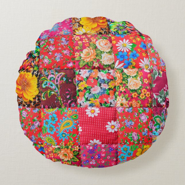 Almofada Redonda Handmade patchwork quilt with floral pattern as ba (Frente)
