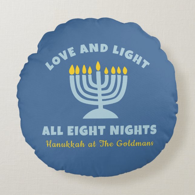 Almofada Redonda Hanukkah "Amor e Luz" Personalizado Azul Judeu (Frente)