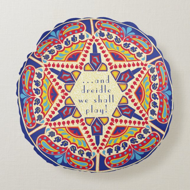 Almofada Redonda Hanukkah Round Travesseiro "Chanukah Paisley Dreid (Frente)