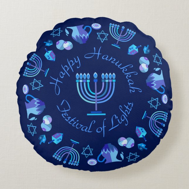 Almofada Redonda Hanukkiah Happy Hanukkah Holiday Menorah (Frente)