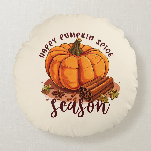 Almofada Redonda Happy Pumpkin Spice Season - Cozy Autumn Vibes (Frente)