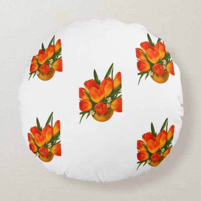 Almofada Redonda Harmonia da Primavera – Tulipas Laranja e Amarelas (Frente)