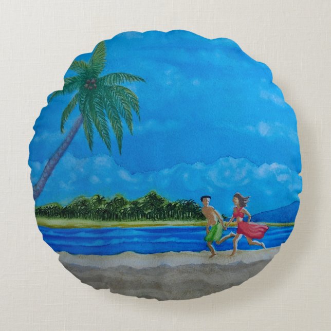 Almofada Redonda Hawaiian Beach Run (Frente)