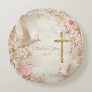 Almofada Redonda Heaveny Blush & Gold Quince, personalizado