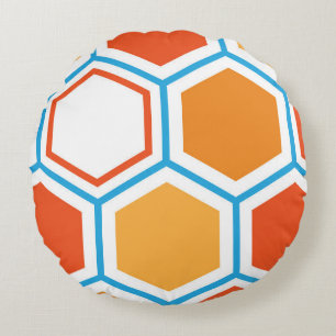 Almofada Redonda Hexágono em laranja, azul e branco