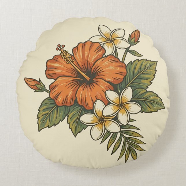 Almofada Redonda Hibiscus Island Hawaiian Motif - Reversible Scenic (Frente)