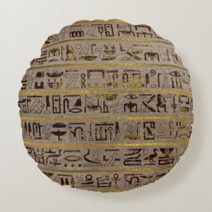 Almofada Redonda Hieroglyphs egípcios dourados de Pyrographed na