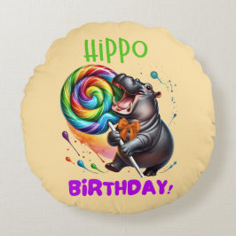Almofada Redonda Hippo Birthday Cheerful, Colorida Nadadora |
