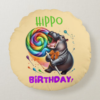 Almofada Redonda Hippo Birthday Cheerful, Colorida Nadadora |