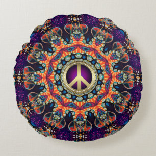 Almofada Redonda Hippy Groovy Love & Peace Psychedelic