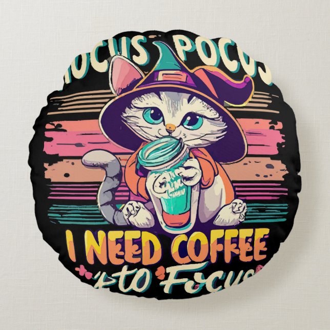 Almofada Redonda Hocus Focus - Preciso de café para me concentrar (Frente)