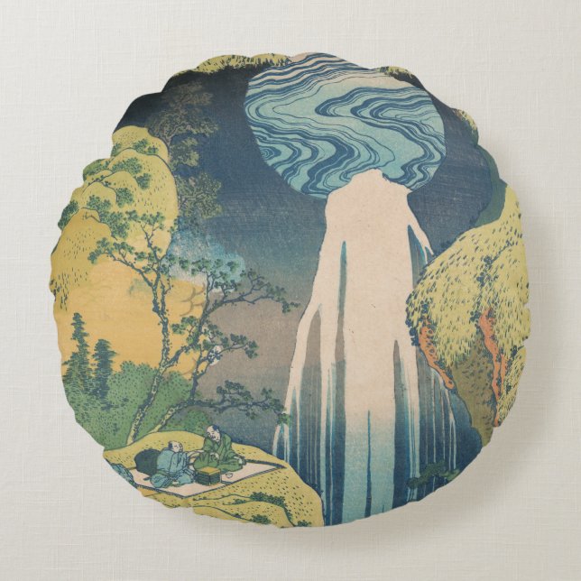 Almofada Redonda Hokusai Amida cai na cachoeira do Japão (Frente)