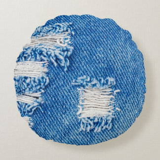 Almofada Redonda Hole on Denim Jeans. Ripped Destroyed Torn Blue je
