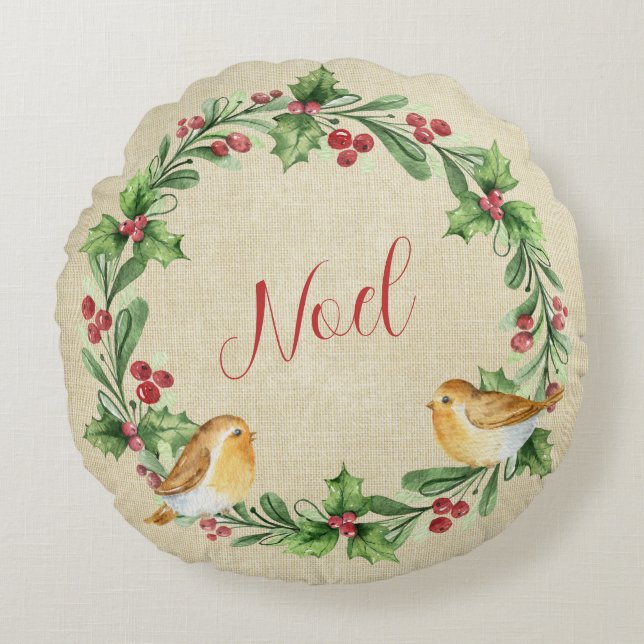 Almofada Redonda Holly Berry Wreath Com Aves - Noel (Frente)
