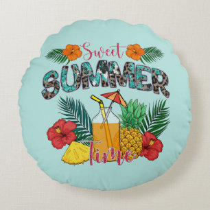 Almofada Redonda Hora de Verão Doce Frutas Tropicais e Florais