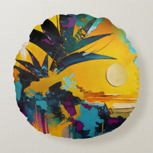 Almofada Redonda Horizonte Dourado – Pôr do Sol Tropical Abstrato