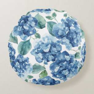 Almofada Redonda Hortênsia Blues Padrão de Flor de Blooms em Aqua