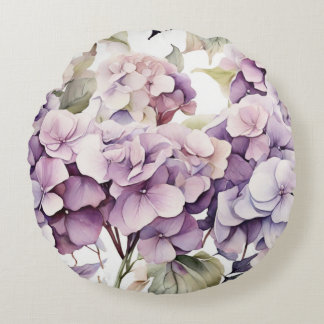 Almofada Redonda Hortênsias em aquarela rosa roxo elegante
