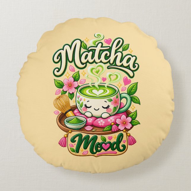Almofada Redonda Humor de Matcha – Chá de Matcha Kawaii Fofo  (Frente)