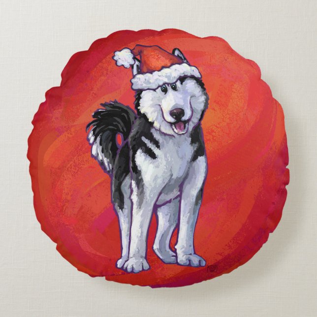Almofada Redonda Husky de chapéu de Natal Vermelho (Frente)