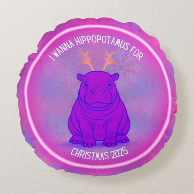 Almofada Redonda I Wanna Hippo For Christmas-Purple Pillow-Customiz (Frente)