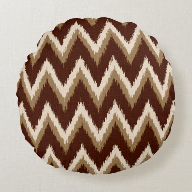 Almofada Redonda Ikat Chevron Stripes - Castanho e bege de Chocolat (Frente)