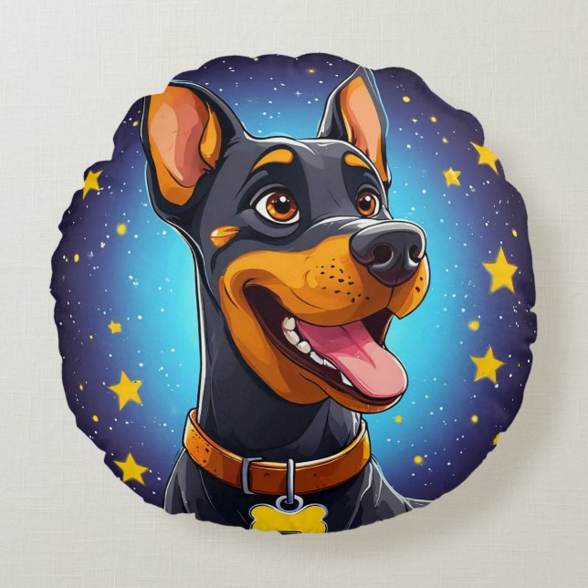 Almofada Redonda Ilustração Alegre de Doberman (Frente)