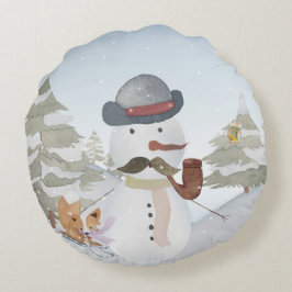 Almofada Redonda Ilustração animal de neve de inverno Snowman