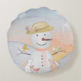 Almofada Redonda Ilustração animal de neve de inverno Snowman