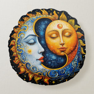 Almofada Redonda Ilustração Artística do Sol e da Lua