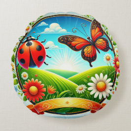 Almofada Redonda Ilustração Colorida de Borboleta, Joaninha, Flor