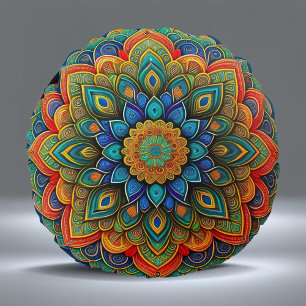 Almofada Redonda Ilustração Colorida do Teal Azul Mandala
