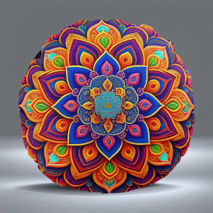 Almofada Redonda Ilustração de Abstrato azul de Mandala Laranja