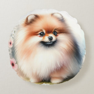 Almofada Redonda Ilustração de aquarela da Pomerânia Cuta