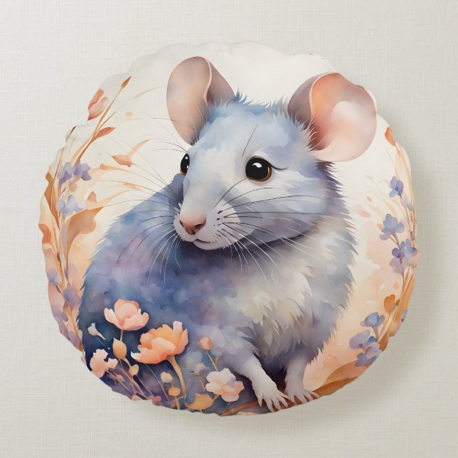Almofada Redonda Ilustração de aquarela do mouse cômodo (Frente)