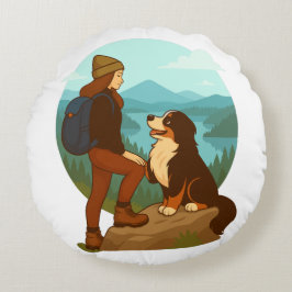 Almofada Redonda Ilustração de Aventura de Menina e Cachorro de Mon