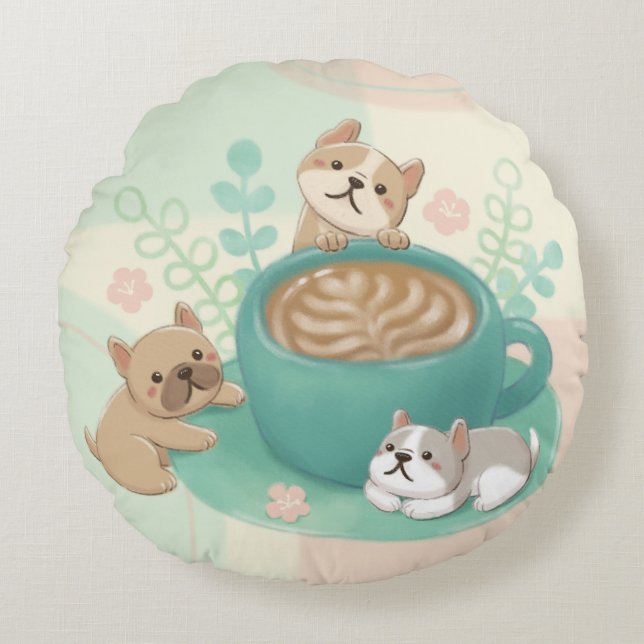 Almofada Redonda Ilustração de Cães e Café Bonitos (Frente)
