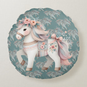Almofada Redonda Ilustração de Fantasia de Cavalo Pastel Floral