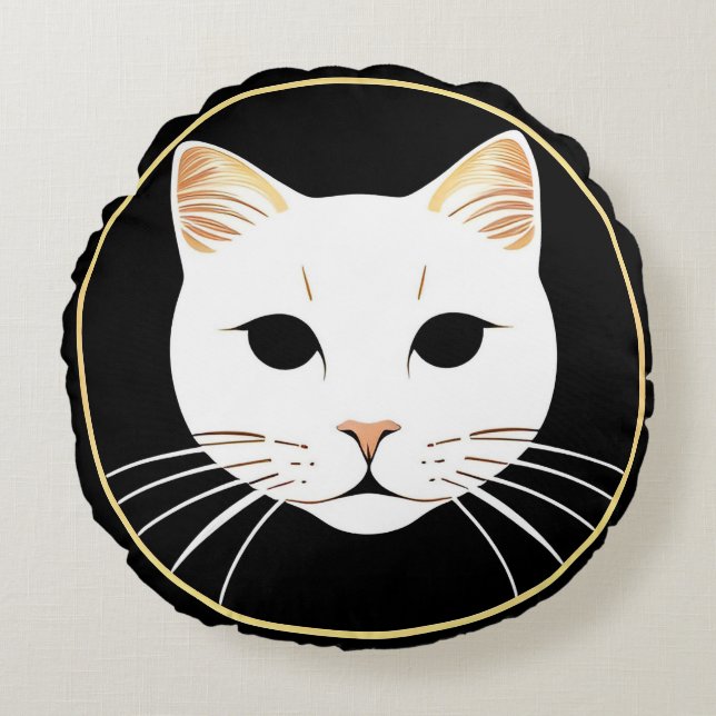 Almofada Redonda Ilustração de Gato Branco Elegante (Frente)