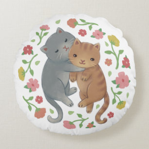 Almofada Redonda Ilustração de Gatos e Flores de primavera