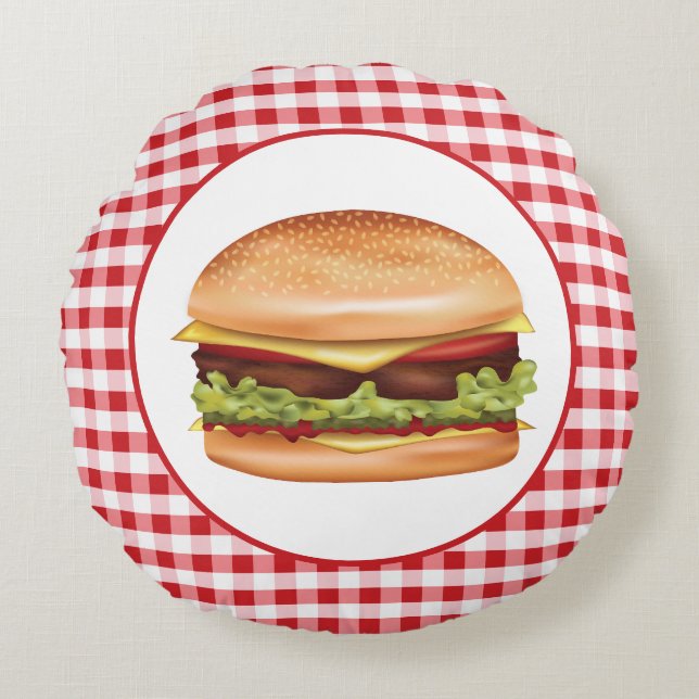 Almofada Redonda Ilustração de Hambúrguer Fast Food em Xadrez Verme (Frente)