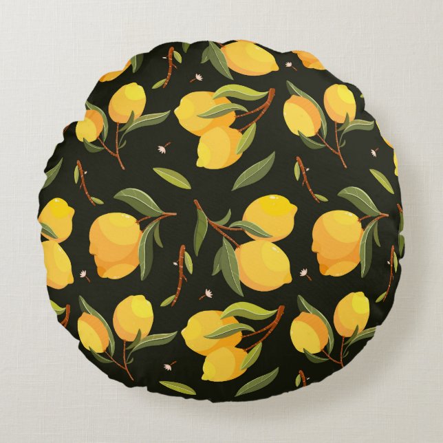 Almofada Redonda Ilustração De Limão: Padrão Sem Costura Pinado À M (Frente)