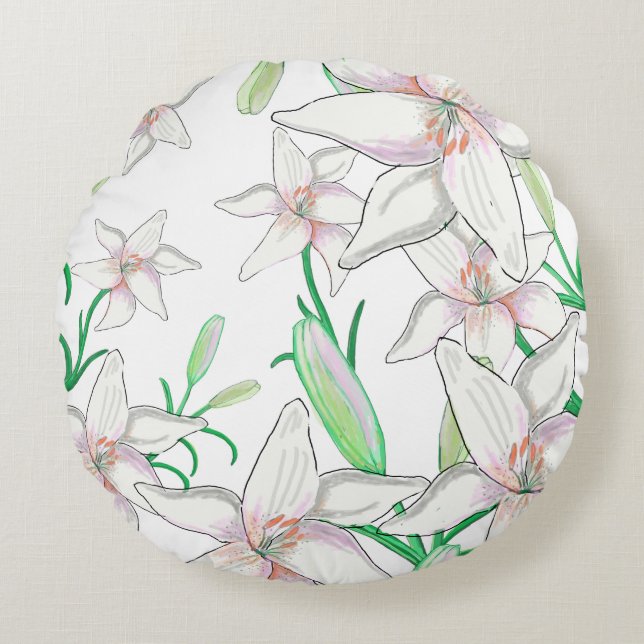 Almofada Redonda Ilustração de Lírio Branco   (Frente)