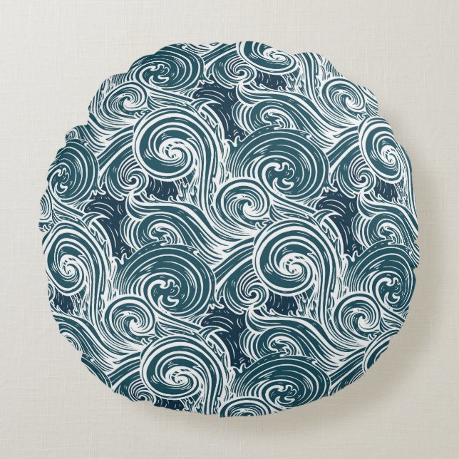 Almofada Redonda Ilustração de Ondas Marítimas Desenhadas À Mão (Frente)