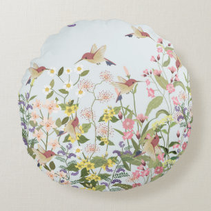 Almofada Redonda Ilustração de Vintagem de Jardim Floral de Humming